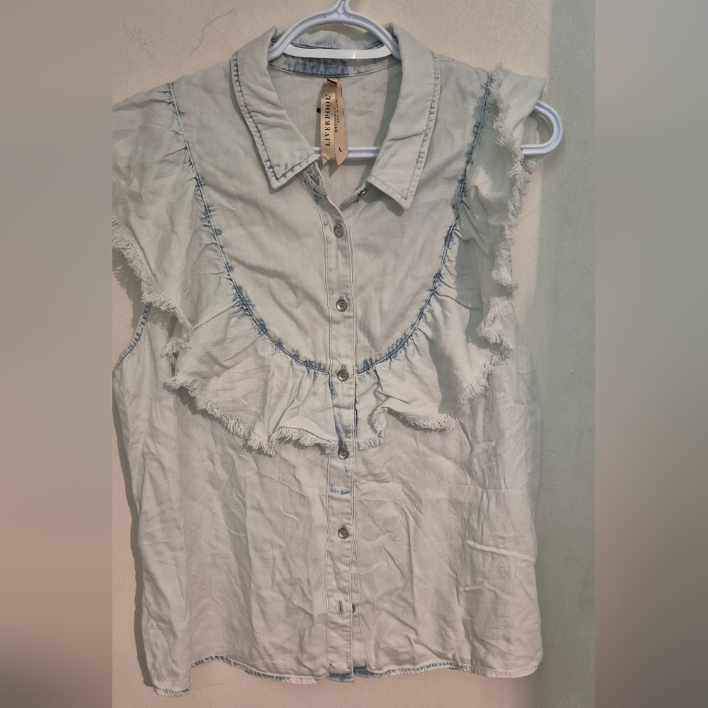 Liverpool Frayed Denim White Out  Button Down Shirt Sz.L NWT